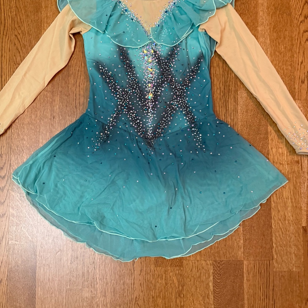 Figure Skating Customized Dress Teal Aqua Ombré Rhinestone Stoned Long Sleeve XS - Picture 5 of 17